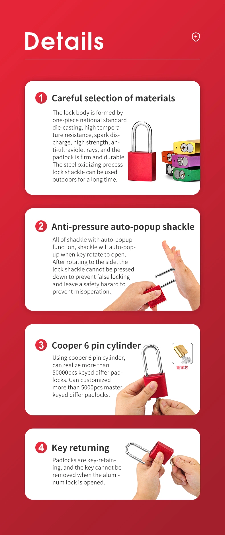 Automatic Pop-up Aluminum Padlock Bright Anodized Anti-UV Spark and Corrosion Resistance for Industrial Lockout-Tagout