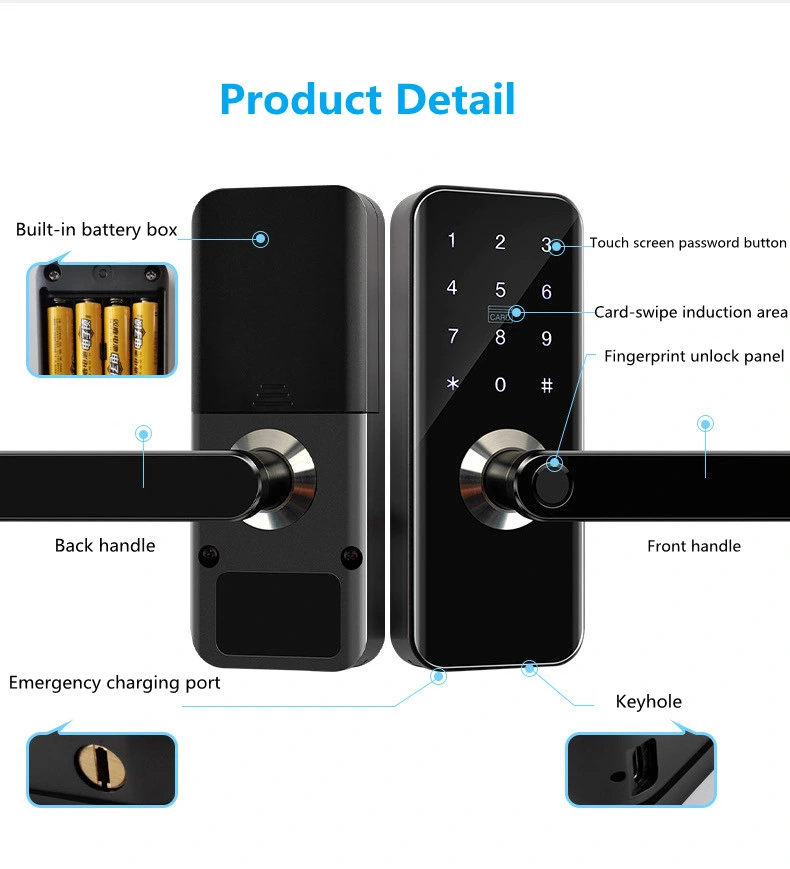 WiFi Fingerprint Ttlock Tuya Smart Door Lock with Fingerprints, Codes Password, Smart Card and Mechanical Keys Access Control